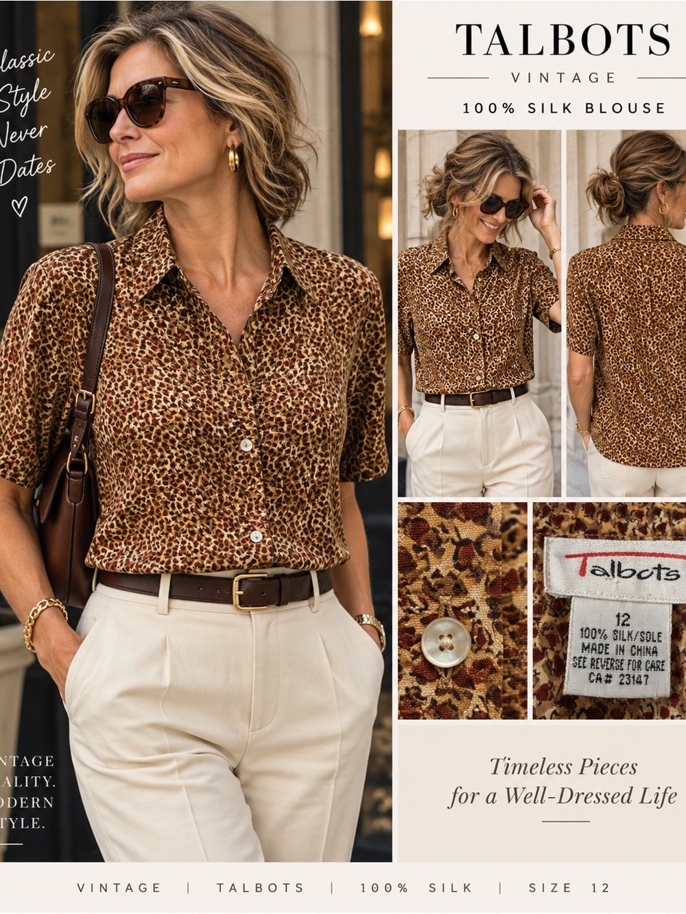 Vintage Talbots Silk Blouse Size 12 Brown Leopard Animal Print Short Sleeve